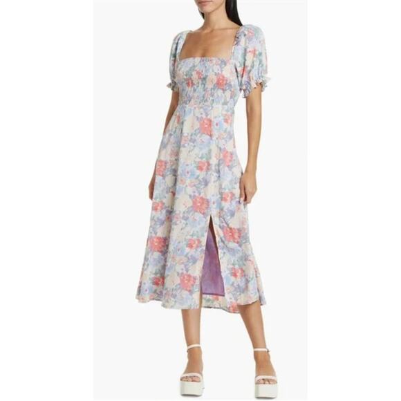 Astr Puff Sleeve Smocked Bust Midi Pastel Print Floral Dress Size Small - Picture 1 of 8